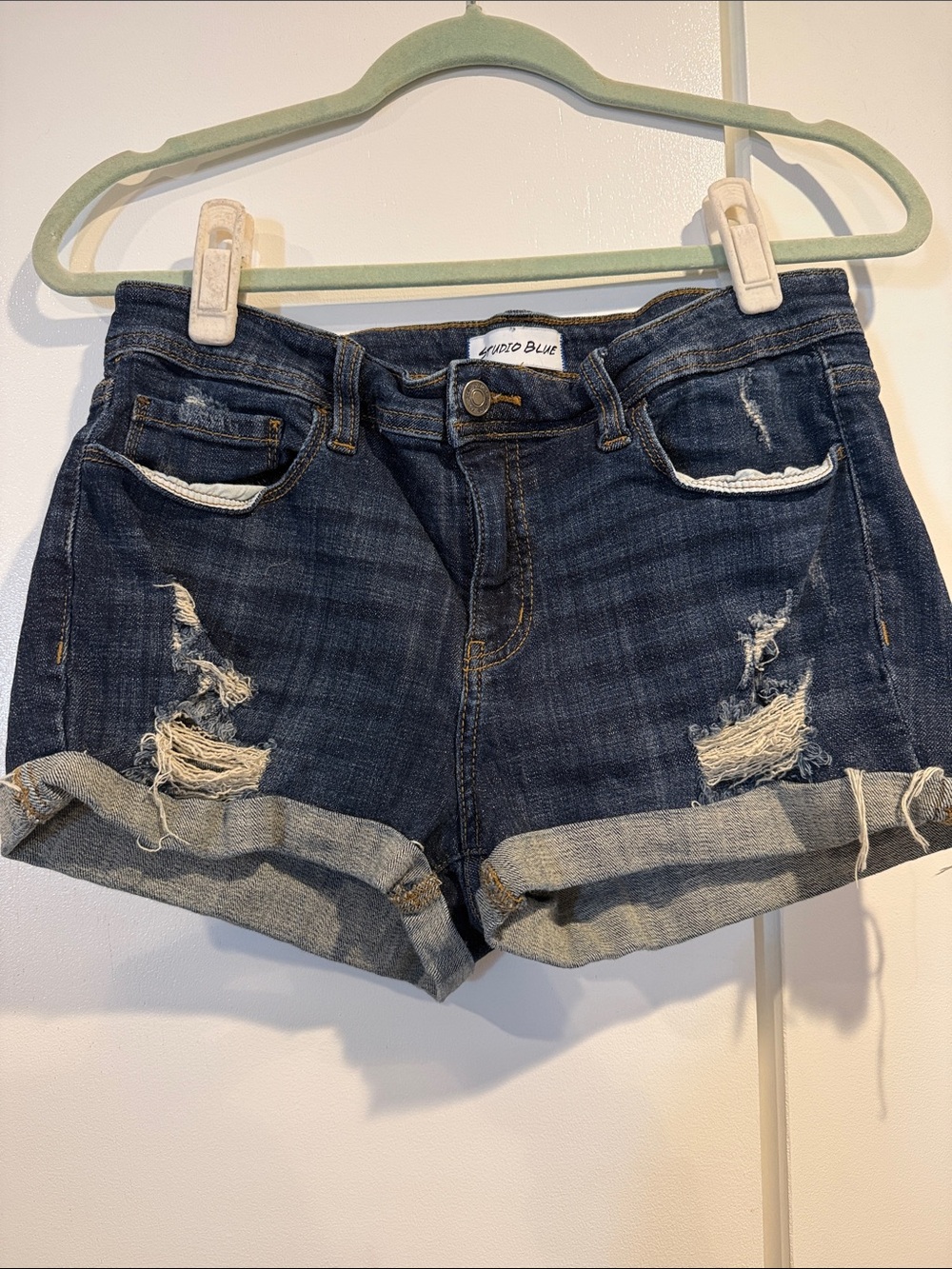 Dark Blue Distressed Rolled Cuff Jean Shorts - Studio Blue